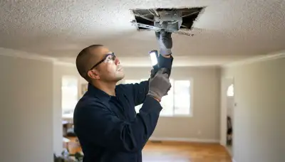 Electrician inspects an exposed ceiling box with a flashlight for ceiling fan support in Mountain View, CA