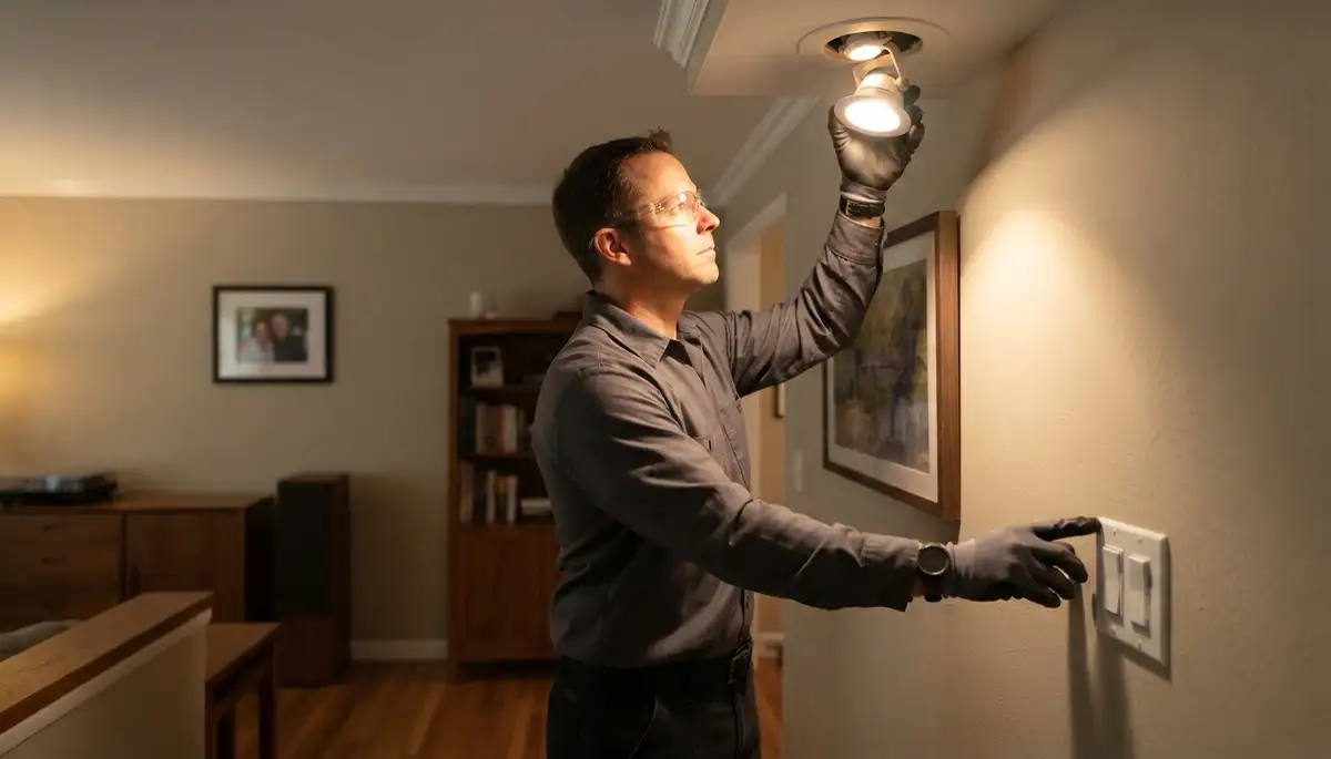 Electrician tests and aims a new light fixture with dimmer controls in a Mountain View, CA home