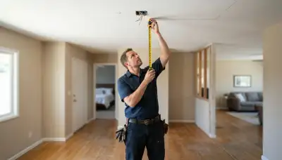 Electrician measuring ceiling placement for fire alarm devices in a Mountain View, CA home