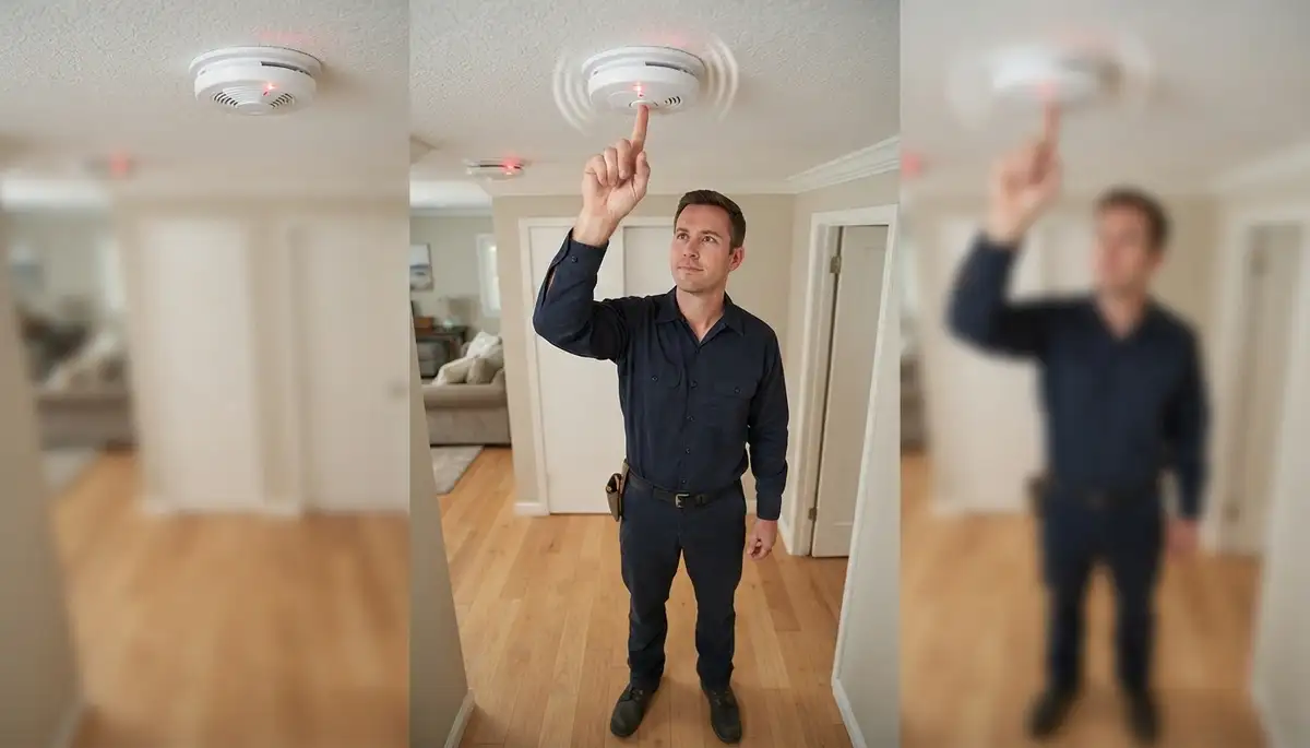 Electrician tests interconnected ceiling smoke detector in a Mountain View, CA home