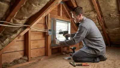 Electrician secures attic fan frame and wiring in a Mountain View, CA attic gable.