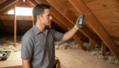 Technician measuring attic heat near soffit vents for attic fan installation in Mountain View, CA