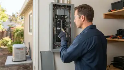 Electrician traces essential circuits in open electrical panel for generator installation in Mountain View, CA