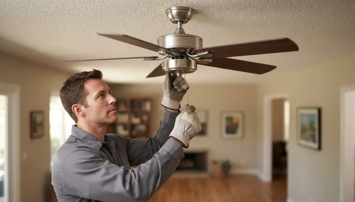 Electrician verifies balanced ceiling fan blades and secure canopy in a Mountain View, CA home