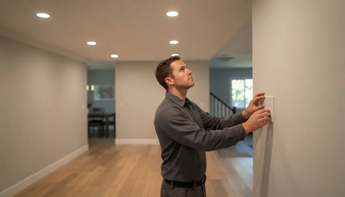 Electrician tests recessed lighting and dimmer control in a Mountain View, CA home
