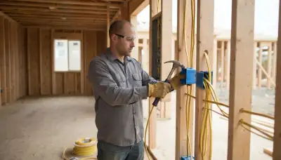 Electrician installing boxes and routing cable through wall studs for new construction wiring in Mountain View CA