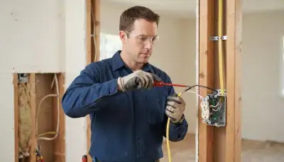 Electrician routing cable and terminating wires in a Mountain View, CA home
