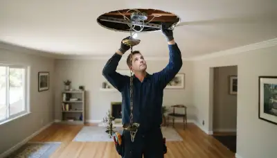 Electrician checks ceiling box support with flashlight for chandelier installation in Mountain View, CA