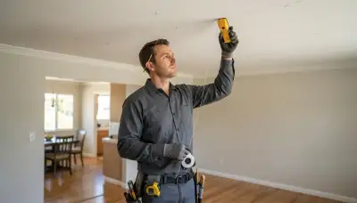 Electrician in Mountain View, CA marking recessed lighting positions with a stud finder and chalk lines