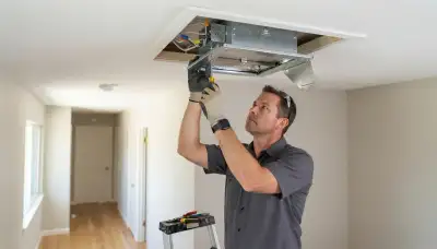 Electrician installs whole house fan ceiling unit and insulated damper in a Mountain View, CA home