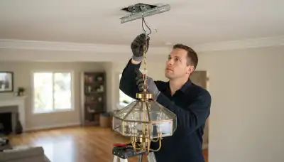 Electrician wiring a chandelier to a fixture-rated brace in a Mountain View, CA home