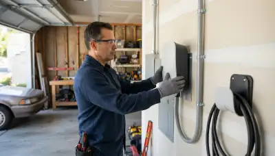 Electrician installs a wall-mounted EV charger with dedicated conduit circuit in a Mountain View, CA garage