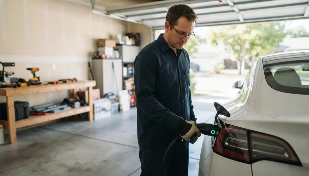 Electrician connects an EV charger cable to a vehicle during installation testing in Mountain View, CA