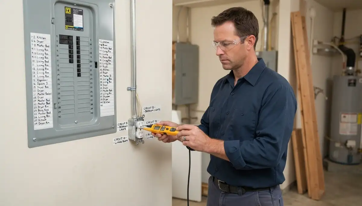 Mountain View, CA electrician tests a receptacle after panel upgrade, verifying labeled circuits for safe operation