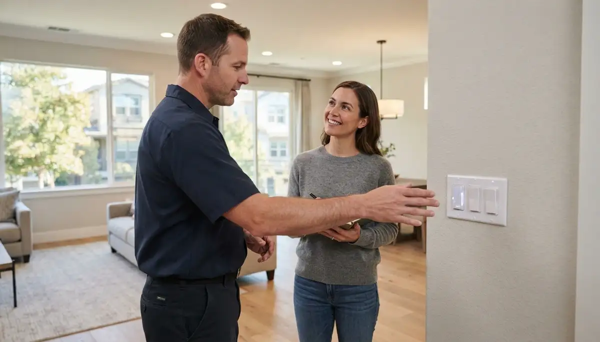 Electrician demonstrates new lighting and dimmer controls to a homeowner in Mountain View, CA