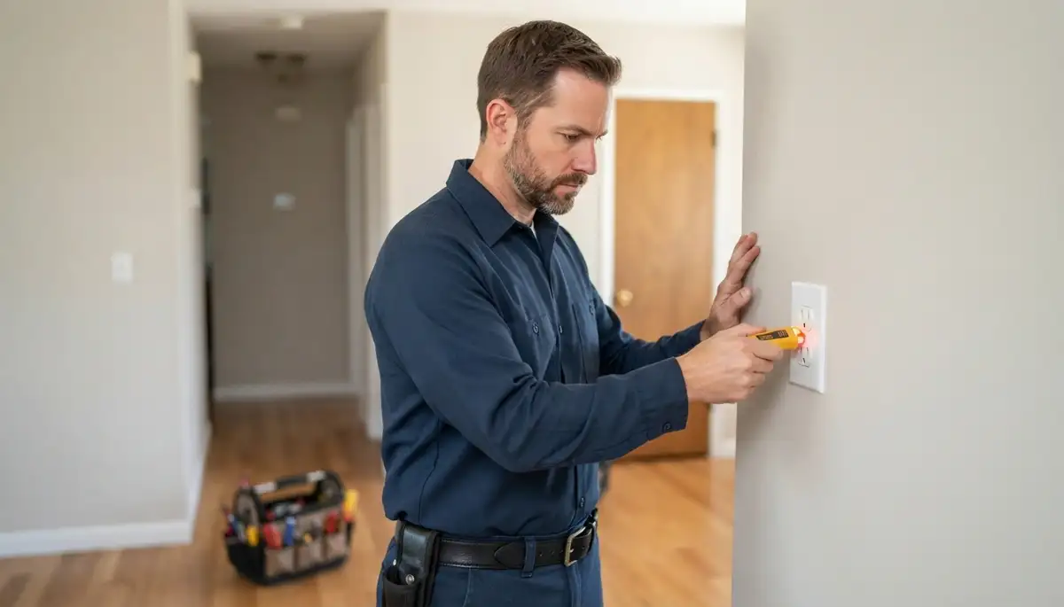 Electrician uses a circuit tester to verify a completed receptacle repair in a Mountain View, CA home
