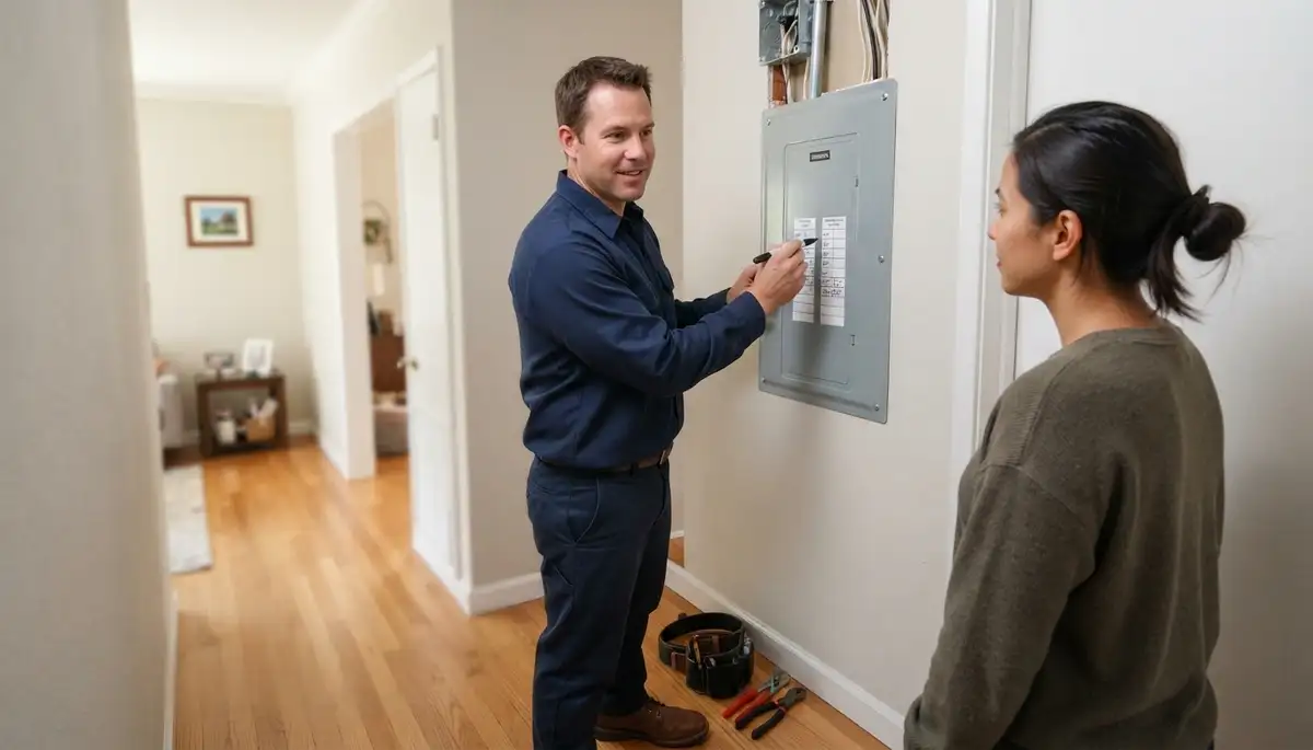 Licensed electrician reviews a labeled load center and circuit directory with a Mountain View, CA homeowner