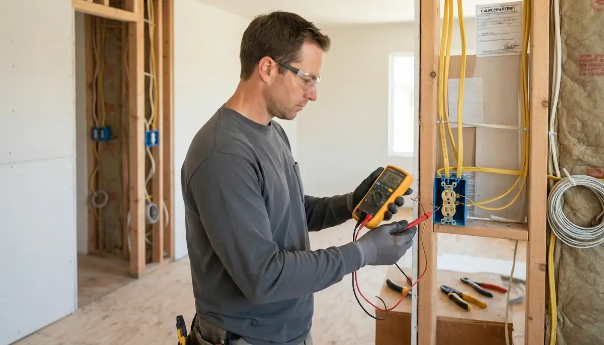 Mountain View, CA electrician testing wiring continuity and polarity before drywall installation