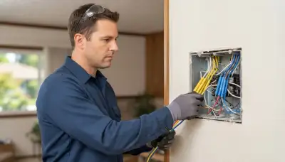Electrician assesses programmable lighting control wiring in an opened gang box, Mountain View, CA