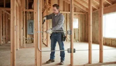 Electricians fastening conduit and device boxes to wall framing in Mountain View, CA