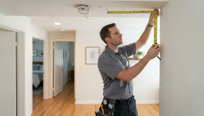 Electrician measures hallway ceiling for smoke detector placement in a Mountain View, CA home