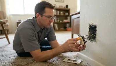 Electrician testing wall receptacle grounding and polarity during a home inspection in Mountain View, CA