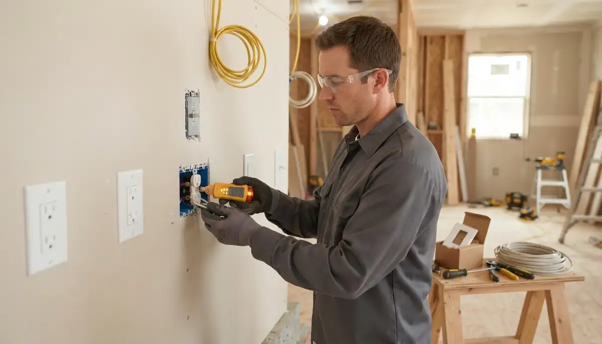 Electrician testing new construction outlets and switches during device trim-out in Mountain View, CA