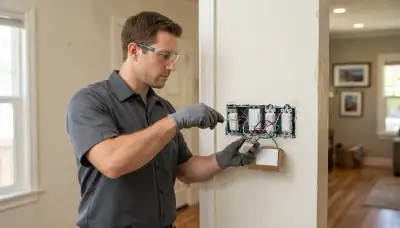 Electrician installing programmable dimmers and a lighting controller in a Mountain View, CA home
