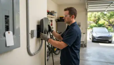 Electrician installing a 240-volt EV charger in a Mountain View, CA garage