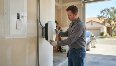 Electrician installing a wall-mounted Level 2 EV charger with conduit in a Campbell, CA garage