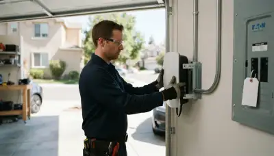 Electrician installing a wall-mounted EV charger in a Mountain View, CA garage