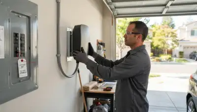 Electrician installing a 240-volt EV charger at a Los Altos, CA home