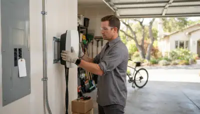 Electrician installing a home EV charger and dedicated circuit in a Mountain View, CA garage