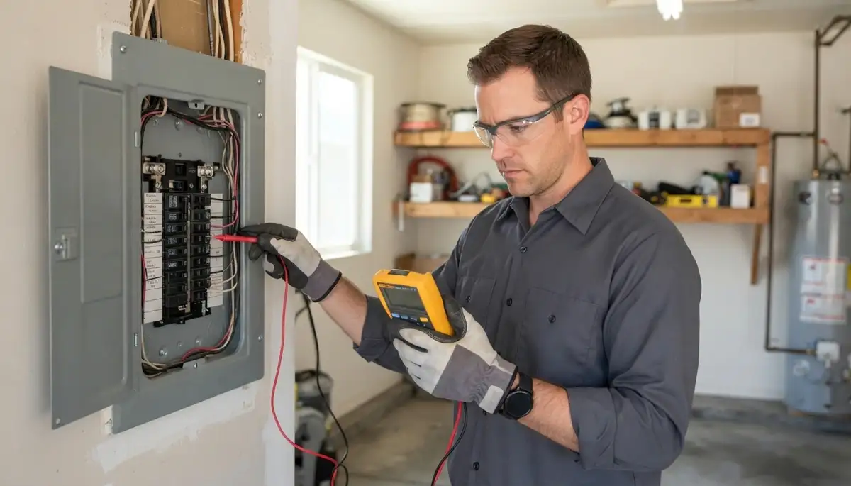 Electrician tests voltage and polarity on a newly energized electrical panel in Mountain View, CA