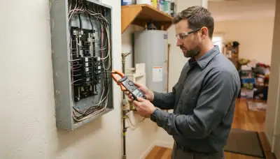 Electrician measures circuit energy use with a clamp meter at a home panel in Mountain View, CA