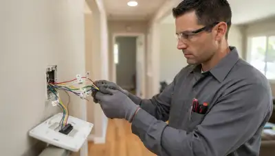 Electrician assessing thermostat control wires for installation in a Mountain View, CA home
