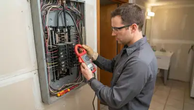 Licensed electrician uses a clamp meter for an electrical panel load assessment in a Mountain View, CA home