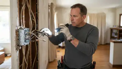 Electrician inspecting aged wiring insulation with a flashlight in a Mountain View, CA home