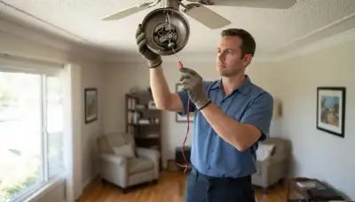Electrician tests a ceiling fan pull-chain switch with a multimeter in a Mountain View, CA home