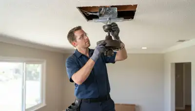 Electrician installing a fan-rated box and ceiling fan motor in a Mountain View, CA home