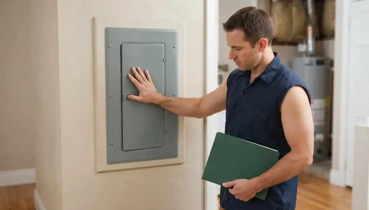 Electrician reviews prioritized home energy audit findings beside a closed panel in Mountain View, CA