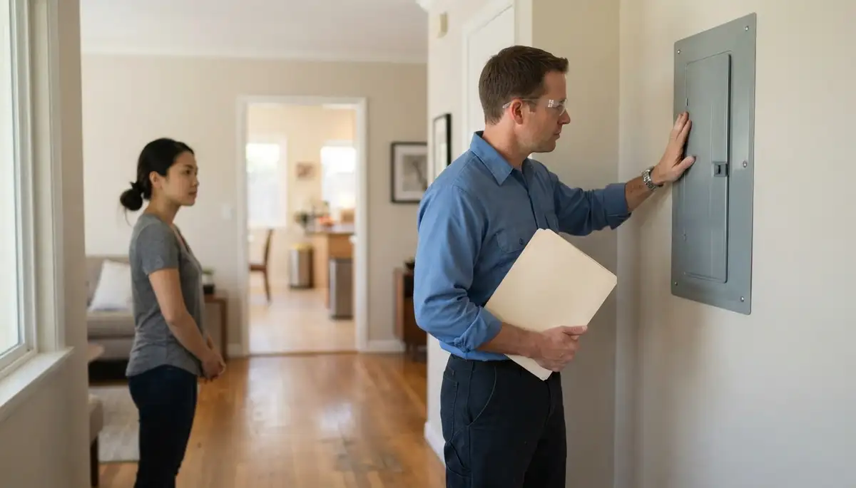 Electrician reviewing home inspection findings with a Mountain View, CA homeowner beside a closed electrical panel