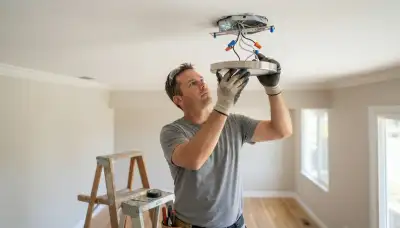 Electrician installing and wiring a ceiling light fixture in a Mountain View, CA home