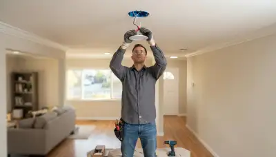 Electrician installs a ceiling lighting fixture with secured wiring in a Mountain View, CA home