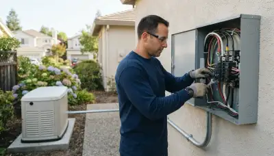Electrician connects generator transfer switch conductors in Mountain View, CA