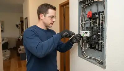 Electrician installs a GFCI breaker in a Mountain View, CA home's main electrical panel