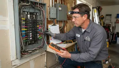 Electrician assessing GFCI circuits at an open electrical panel in a Mountain View, CA home