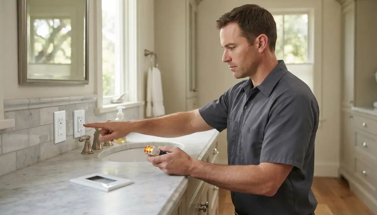 GFCI outlet providing ground-fault protection near a bathroom sink in a Mountain View, CA home