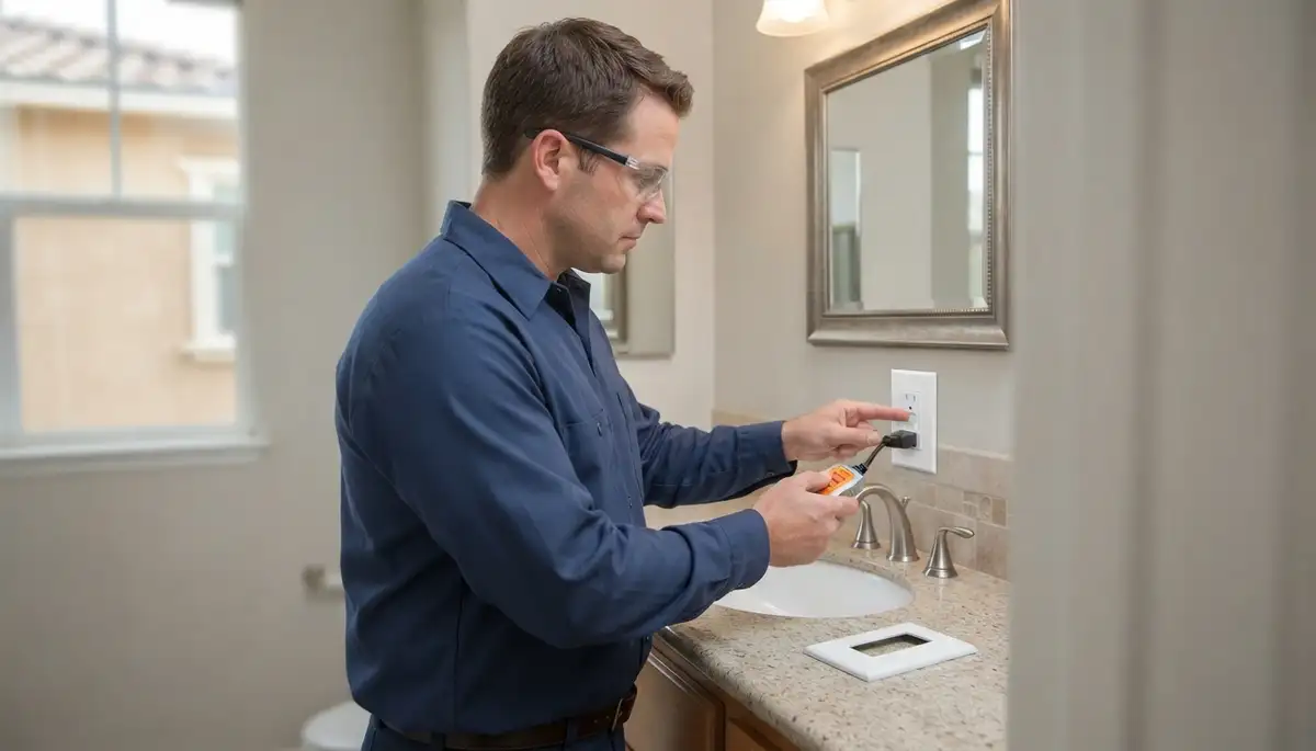 Electrician installing a GFCI outlet near a sink in a Mountain View, CA home