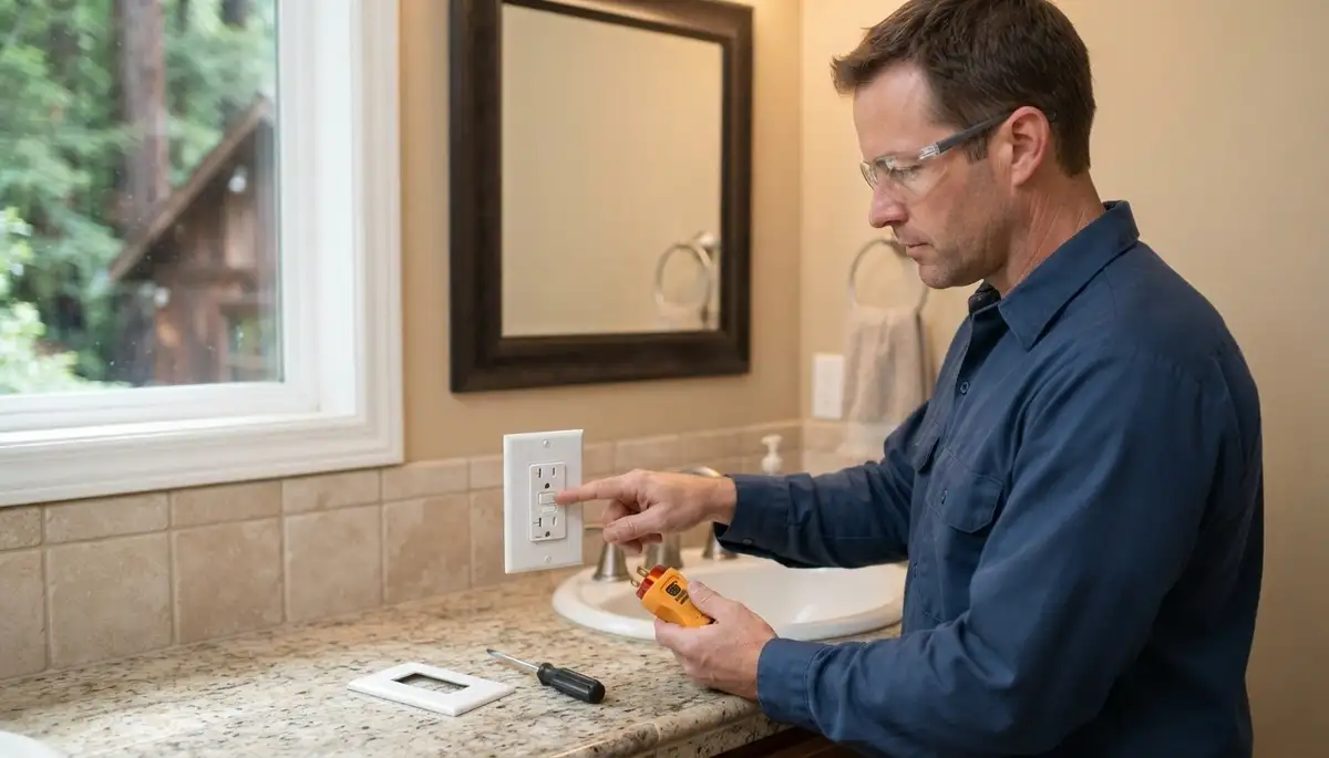 Electrician installing GFCI outlets in La Honda, CA bathrooms, kitchens, and outdoor wet areas